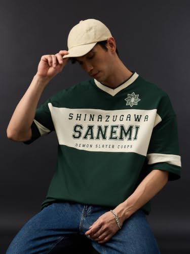 Image of The Souled Store Demon Slayer: Sanemi Men and Boys Short Sleeves V Neck Dark Green Anime Graphic Printed Cotton Oversized Breathable Lightweight Drop Shoulder Streetwear T-Shirts