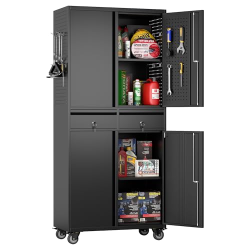 SUXXAN 71\" Metal Garage Storage Cabinet with 8 Hooks and Pegboards,2 Drawer Rolling Tool Storage Cabinet with Locking Doors and Adjustable Shelves,Heavy Duty Steel Tool Cabinet for Garage, Warehouse