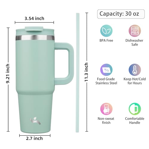 Image of Konokyo 30 oz Tumbler with Handle and 2 Straws,2 in 1 Lid Insulated Water Bottle Stainless Steel Travel Coffee Mug,Retro Green