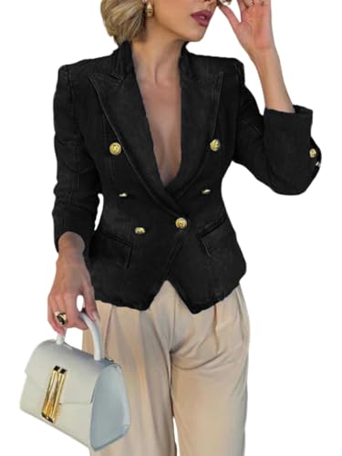 Ru Sweet Women's Notched Fall Lapel Denim Blazer Suit Long