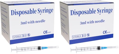 Image of 200 Pack 3ml 23Ga Plastic Syringe with Measurement for Scientific Labs, Industrial Dispensing Animal and Pet Supplies, Disposable Individually Wrapped (100, 3ml-23Ga)