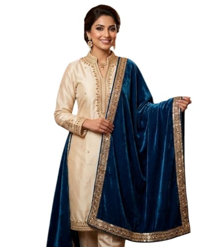 Image of Navti Creations Women's Stole Dupatta In Velvet With Cross Design Border (length -2.25m, Width-75cm)