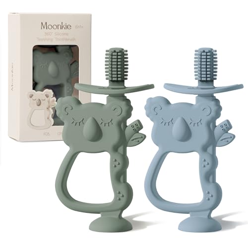 Image of Moonkie Teething Toy Set of 2, Safe & Easy to Hold BPA Free Silicone Teethers, 360° Baby Toothbrush with Suction Base, Teether Toys Best for Babies 6-12 Months (Koala Ether/Sage)