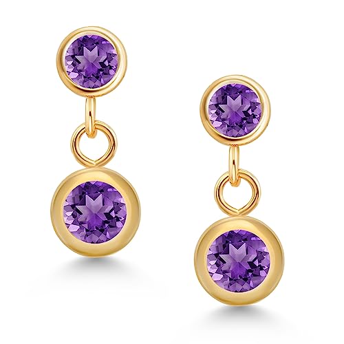 Gem Stone King 14k Yellow Gold Purple Amethyst and Purple Amethyst 2 Stone Dangle Earrings For Women (0.70 Cttw, Gemstone February Birthstone, Round 4MM, Round 3MM)2