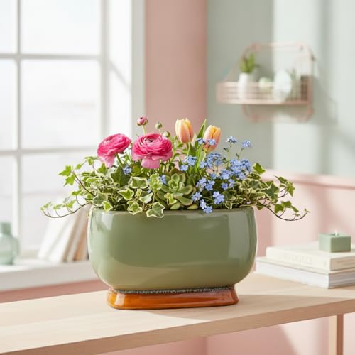 Image of Xtore Refined Glazed Ceramic Bonsai Planter Pot for Indoor & Tabletop Decor | Wide Low Profile with Drainage Hole | Turquoise Green Finish (Pack of 1, Planter Only)