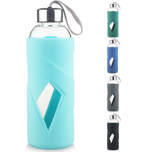 SHOW INGENUITY 1000ml Botella de Agua de Vidrio de Borosilicato Con Manga de Silicona y Tapa de Acero Inoxidable