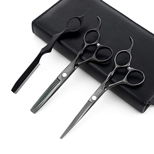 ROCOCO Professional 6.0 inch Salon Hair Cutting Scissors and Hair Thinning Shears with Razor for Barber Hairdresser (Black)