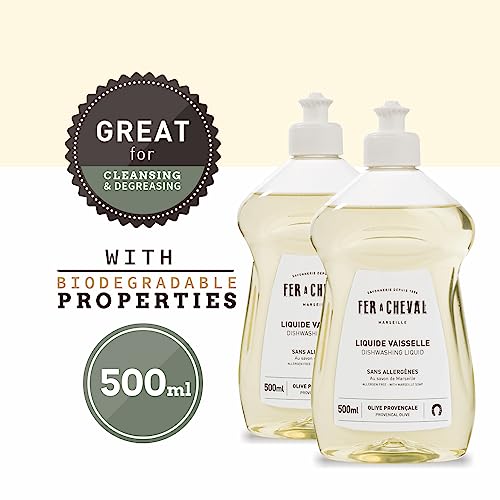 Image of Fer a Cheval Marseille Dishwashing Soap, Allergen Free, Olive Oil Based, Made in France, Liquid Dish Soap, 2 Pack, 500 ml / 16.9 fl oz Each