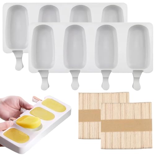 2 piezas Molde Helado Silicona,Molde Helado Con 100 Palos Madera,Moldes Paletas Chocolate,Molde Barra Helado,para Helados DIY Niños, para Chocolate Postre congelado