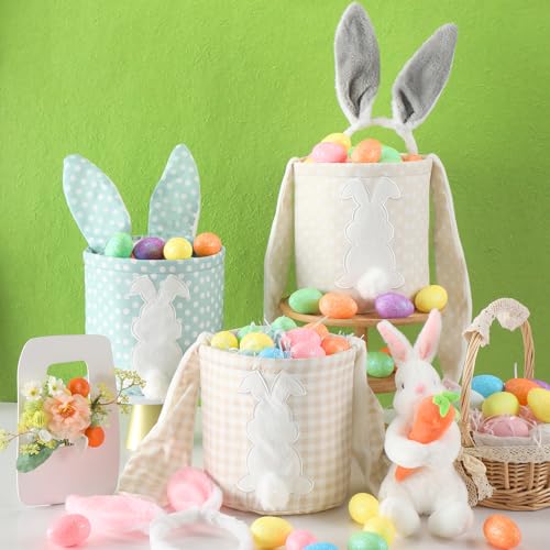 Image of Cosblank 6 Pcs Bunny Canvas Bags Rabbit Print Basket with Foldable Ears Candy Goodie Bunny Tote Gift Bag for Birthday Party Decorations Supplies(Vivid Color,Plaid and Dot)