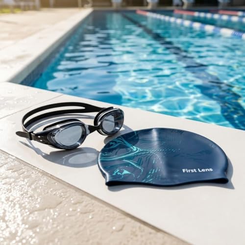 Image of First Lens Swimming Combo Pack with Anti-Fog Goggles, Swimm Cap - Tinted goggle + Aquawave cap