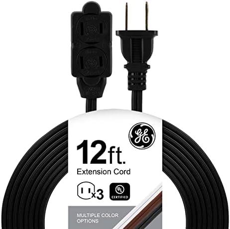 GE 3-Outlet Power Strip, 12 Ft Extension Cord, 2 Prong, 16 Gauge, Twist-to-Close Safety Covers, Indoor Rated, Perfect for Home, Office or Kitchen, UL Listed, Black, 45152