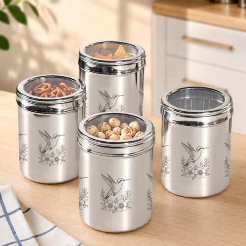 Image of Nestasia Stainless Steel Jars with Lid Set of 4 (1.25L Each) - Airtight & Rust-Resistant Container for Kitchen Storage | Top Window Dabba with Etched Bird Design - Ideal for Snacks, Cookies & Pulses