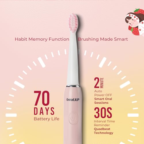 Image of beatXP Jiggle Sonic Electric Toothbrush for Kids with 2 Brush Heads & 3 Cleaning Modes | Rechargeable Electric Toothbrush | 20500 strokes /min with Long Battery Life (Rosy Pink)