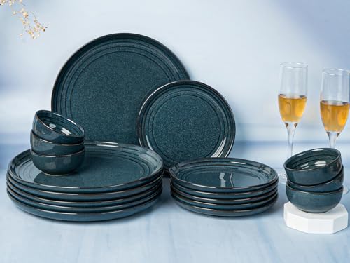 Image of Bodhi House Handcrafted Chip Resistance Porcelain Dinner Set, 18 Pieces Dish Set Serving for 6, Microwave and Dishwasher Safe, Bone-ash Free, Crockery Set for Dining and Gifting, Sapphire Blue
