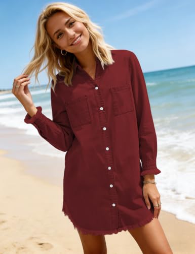 Image of Zilcremo Women Denim Dress Long Sleeve Button Down Jean Shirt