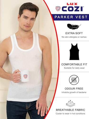 Image of Lux Cozi Men's White Premium Cotton Round Neck Ribbed Vest | Pack of 3 |