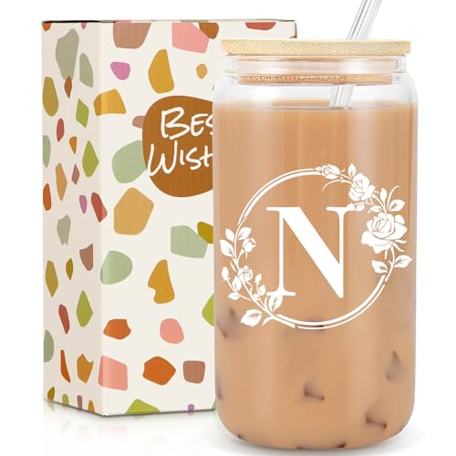 Birthday Gifts for Women, Monogrammed Initial Glass Cup Personalized Gifts for Women, 16oz Glass Cups with Lids and Straws, Iced Coffee Cup, Beer Can Shaped Glass - Gifts for Mothers Day, Christmas, N