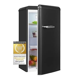 Exquisit Retrokoelkast RKS100-V-H-160F matzwart, staand apparaat, 94 l volume, matzwart, retro, deurplanken en glazen planken, koelen, ledlicht, vrijstaand