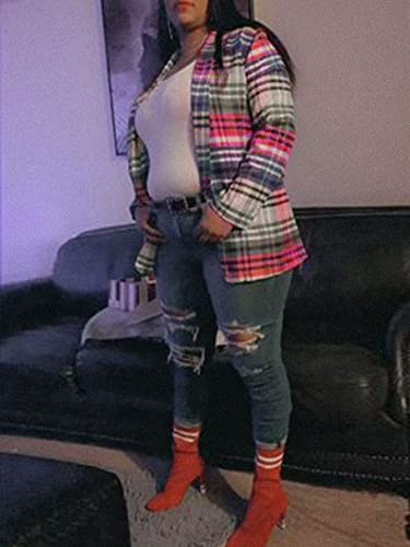 Flamingals Women's Casual Plaid Dual Pocket Long Sleeve Shawl Collar Work Jackets Blazer Multicolor Purple L #TOP4