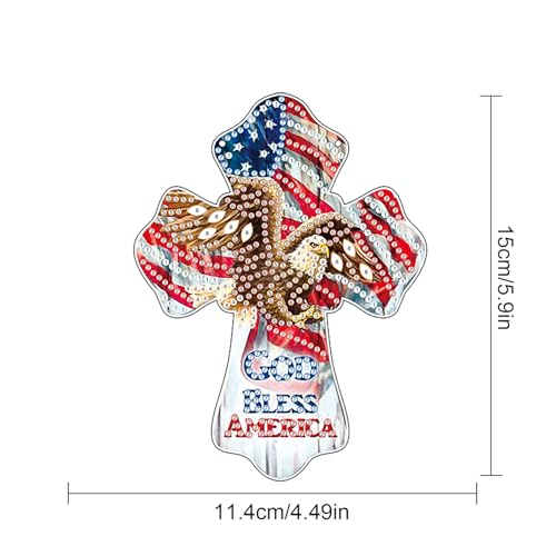 Image of God Bless America Diamond Painting Hanging Ornament - Patriotic Cross with Eagle & American Flag - DIY 5D Diamond Art Kit with Chain - Independence Day Home Decor - Handmade Beaded Sun Catcher Gift