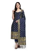 VredeVogel Women's Cotton Self Design Banarasi Sleeveless Straight Kurta with Pant and Dupatta Set - (N-Blue, XXX-Large)