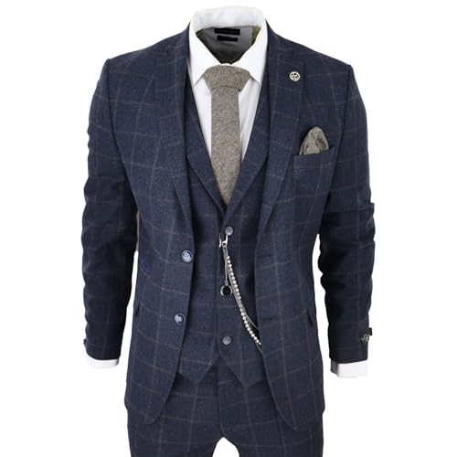 Men's 3 Piece Suit Wool Tweed Navy Blue Brown Check 1920s Gatsby Formal Dress Suits3