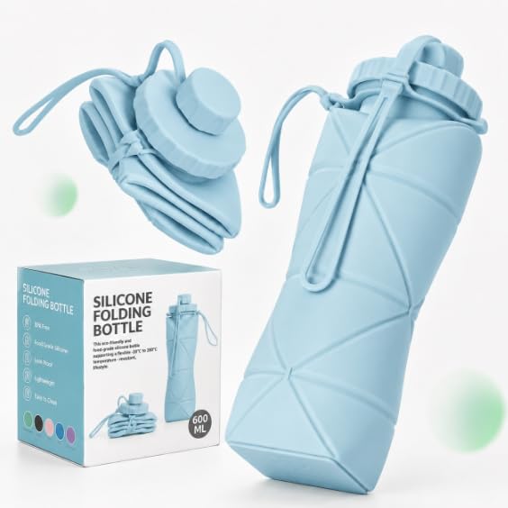 Reusable Hydration Bottle 600ml, Foldable Silicone Design, Multicolor (Assorted)-image-0