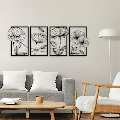 Image of 7 Decore Poppy Bloom Quartet 4-Panel Floral Wood Wall Decor | Wall Hanging Decoration for Living Room, Bedroom, Drawing Room, Dining Room & Office (Black) (Big Size Home Decor)