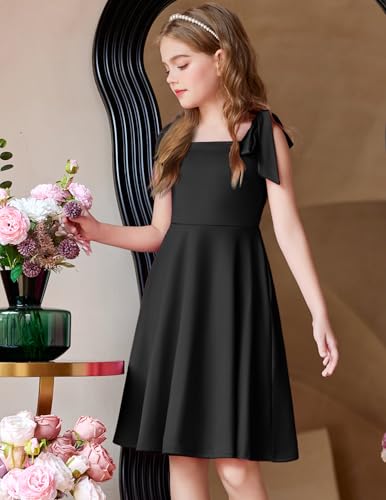 Arshiner Girls Summer Dress Tie Strap Sleeveless Solid Color Square Neck Party Dresses 6-11 Y4
