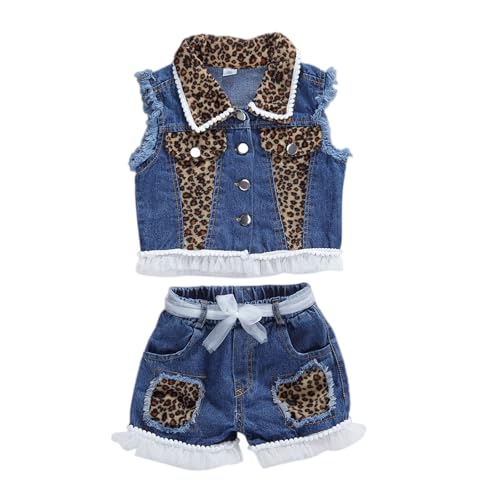 BULINGNA Little Kids Toddler Girl Denim Outfit Leopard Patchwork Button Up Sleeveless Jacket+Shorts with Pockets 2Pcs Clothes (Denim blue, 5-6 Years)