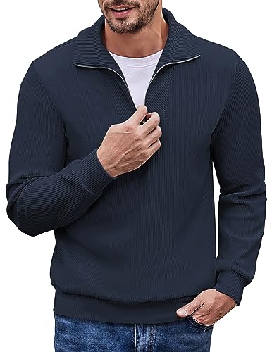 COOFANDY Men's Quarter Zip Up Pullover Mock Neck Long Sleeve Sweater Casual Corduroy Polo Sweatshirt