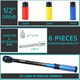 INGJER Klucze dynamometryczne do samochodu 1/2", 20-220 Nm, zestaw kluczy dynamometrycznych, certyfikat TÜV GS, 6-częściowy, z drążkiem przedłużającym 125 mm, adapter 1/2"-3/8", 3 klucze nasadowe 17