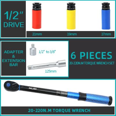 INGJER Drehmomentschlüssel Auto 1/2 Zoll,20-220Nm Drehmomentschlüssel Set,TÜV GS geprüft.6 Tlg.mit 125mm Verlängerungsstange,1/2\-3/8\ Adapter,3 Stecknüsse 17/19/21mm, torque wrench für Fahrräder