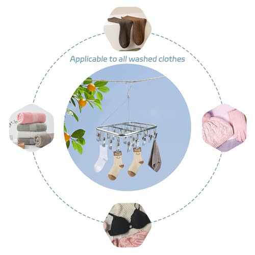 Roellgs Sock Dryer, Aluminum 32 Pegs Sock Hanger for Washing Line, Clothes Drying Rack with Windproof Hook, Hanging Clothes Airer for Socks, Underwear, Baby Clothes & Hats (grey) - Image 6