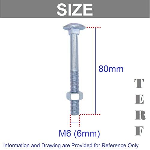 TERF® M6 X 80mm Cup Square Carriage Bolt and Nut M6 (6mm) X 80mm Coach Bolts with Hexagon Nuts - Pack of 10 - Image 3