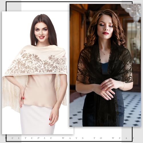 Patelai 3 Pcs Lace Shawls and Wraps for Evening Dresses Scarfs Women Fringe Scarf for 1920s Party Wedding Costume3