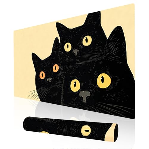 Image of Nuxovilar 11.8x31.4 Black Cat Trio Gaming Mouse Pad | Large black cat trio mouse pad for home and office. Durable polyester gaming mat for feline enthusiasts.