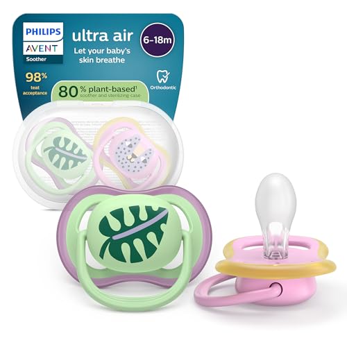Philips Avent chupetes ultra air: diseño anatómico, para bebés de 6 a 18 meses, tetina simétrica de silicona suave, sin BPA, con estuche esterilizador, paquete de 2, SCF087/13