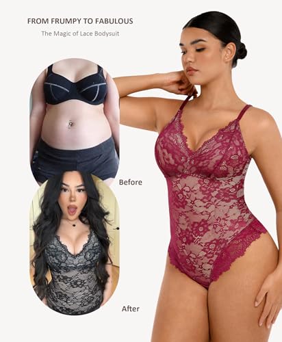 Image of FeelinGirl Shapewear Bodysuits for Women Lace Shapewear Tummy Control V-Neck Sleeveless Bodysuit Tops Jumpsuit