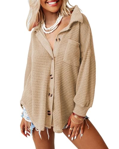DUOEASE Bluse Damen Langarm Cardigan mit V-Ausschnitt Waffel Tops Blusen...