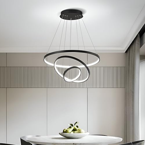Image of Smartway - Three Ring 106 Watt Modern LED Ceiling Chandelier | Google & Alexa Voice Assist | App Control | 3 Color Modes | Black Luxury Chandelier for Living Room, Bedroom, Dining & Hall