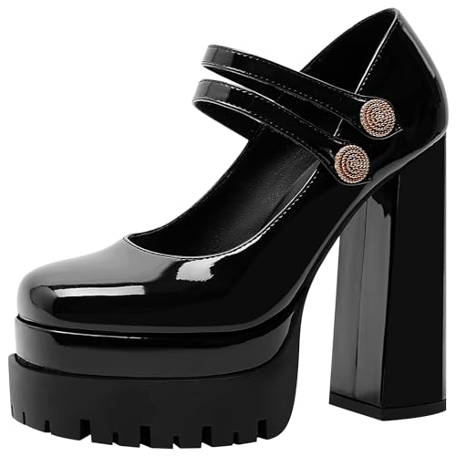 Platform Mary Janes Pumps Square Toe Chunky Block Heels 5 inch High Wedding Party Shoes for Women