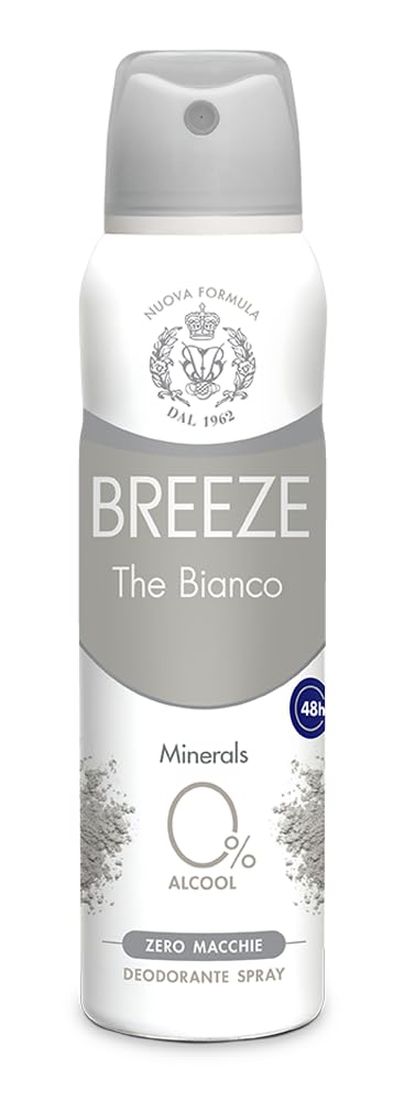BREEZE Deodorante spray White Minerals, senza macchie sulla pelle, 0% di sali di alluminio 150 ml + 1 confezione di talco Felce Azzurra gratis, 100 g