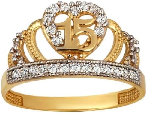 10K Yellow, White, and Rose Gold 2.2mm Cubic Zirconia Tiara Crown Heart Sweet ‘15’ Fifteen Quinceanera Statement Ring, Available in Sizes 4-12