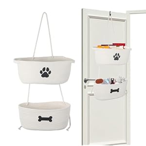 2-Tier Dog Baskets,Over Door Hanging Oganizer for Pet Stuff with Metal Hooks,Cotton Rope Wall-Mounted Storage Organizer for Dog Leash/Harness/Small Toys/Trash bag – Beige