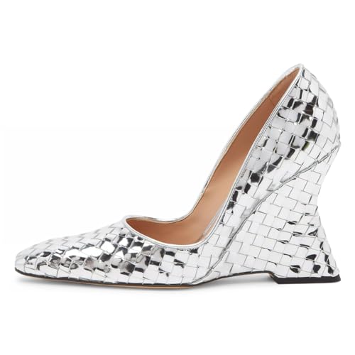 YDN Women Braid Pumps Wedge High Heels Closed Square Toe Slip On Shoes Dressy Business Prom Size 4-16 US2