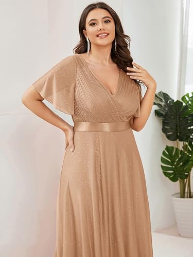 Image of Ever-Pretty Plus Women's Glitter Formal Dress Evening Gown for Gala V-Neck Short Sleeve Floor Length Plus Size Prom Dresses