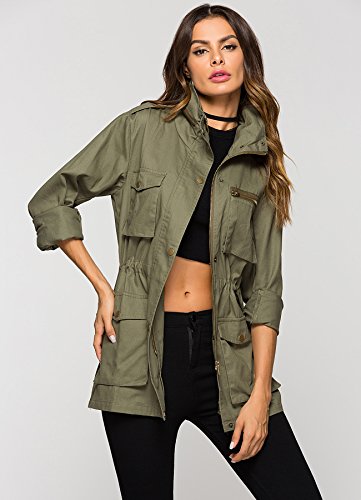 Escalier Women's Anorak Jacket Lightweight Drawstring Hooded Military Parka Coat Army Green - Thumbnail 3
