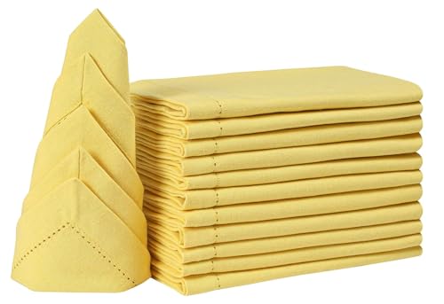 Homidate Cotton Dinner Napkins Set of 12 – 18x18 Sand Yellow with Hemstitched Mitered Corners – Machine Washable Fabric Napkins for Thanksgiving, Weddings & Cocktails